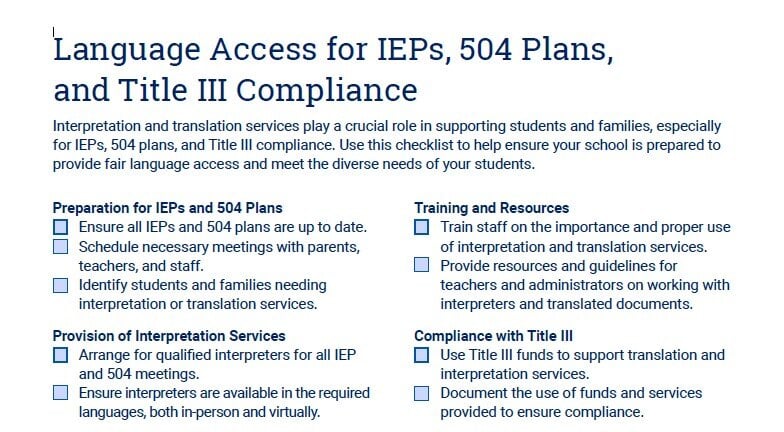 INFOGRAPHIC: Language Access Checklist for IEPs, 504 Plans, and 